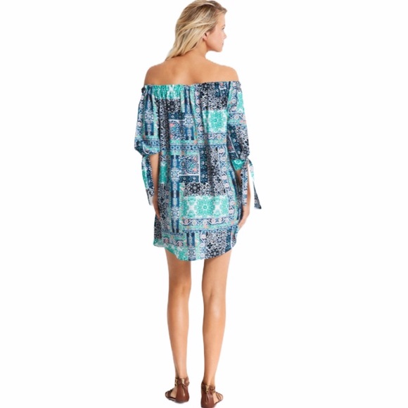 Seafolly Blue Multicolored Printed Silk Road Off Shoulder Dress - Picture 2 of 2